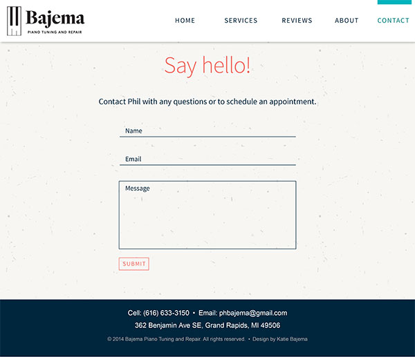 Bajema Piano Tuning Site - Visual Design - Contact Page